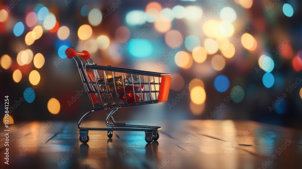 Small shopping cart on a wooden table with blurry lights in the background Small shopping cart on a wooden table with blurry lights in the background