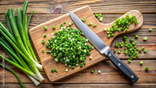 chopped scallions scattered across a wooden cuttin photo