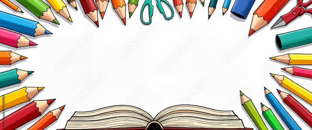 Fototapeta premium Colorful pencils and stationery surrounding an open book on a blank background