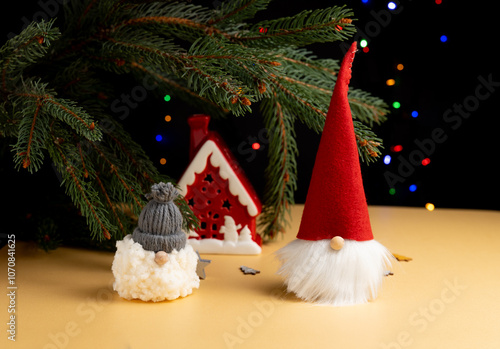 Christmas Gnomes with Red House and Festive Lights
 photo