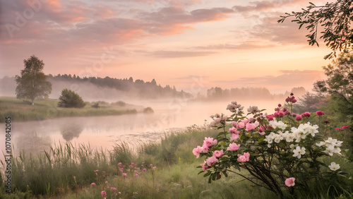 flowers on the river bank - Beautiful romantic postcard - template
