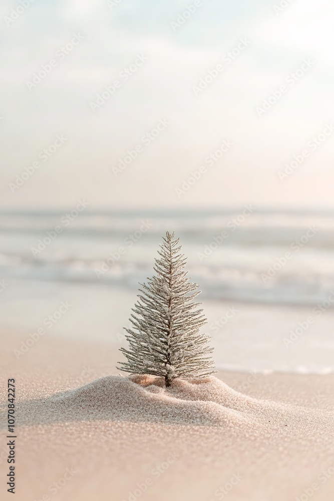 Lone fir tree in sand, minimalism, serenity, subdued light Lone fir tree in sand, minimalism, serenity, subdued light