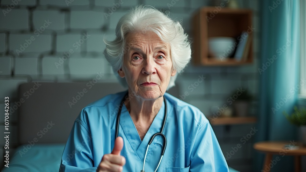 Elderly Nurse in Scrubs Giving Thumbs Up in Hospital Room Elderly Nurse in Scrubs Giving Thumbs Up in Hospital Room