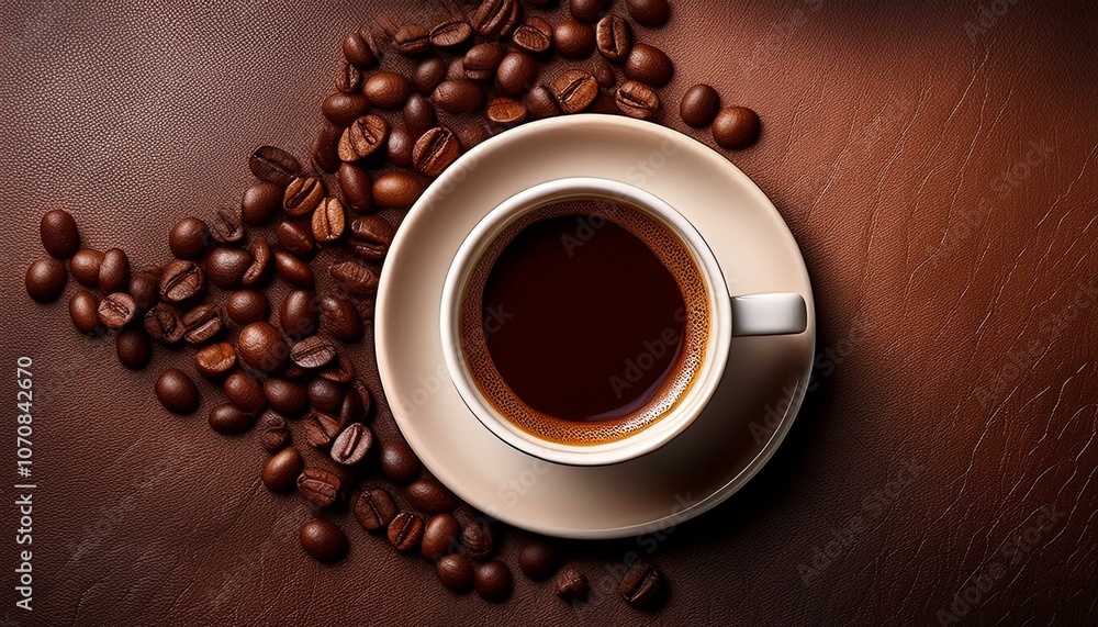 Overhead view of a white cup of black coffee on a brown leather surface. The steam is visib Overhead view of a white cup of black coffee on a brown leather surface. The steam is visib