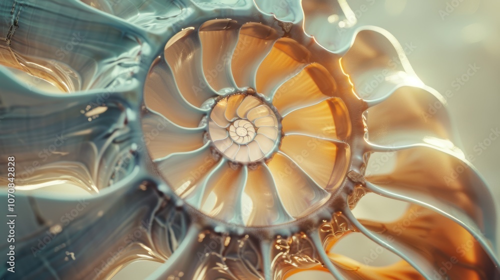 Nautilus shell in closeup, showcasing its iconic spiral pattern. The shell's geometric design is a stunning piece of nature's art. Nautilus shell in closeup, showcasing its iconic spiral pattern. The shell's geometric design is a stunning piece of nature's art.