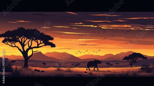 Vector Illustration of Rhinoceros at Sunset in Savannah