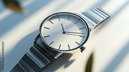 A sleek silver watch rests on a surface, illuminated by gentle light. Shadows from nearby leaves softly accentuate its minimalist design photo