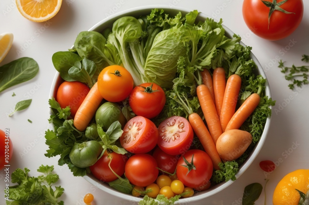 A white bowl filled with a variety of vegetables including tomatoes, cucumbers A white bowl filled with a variety of vegetables including tomatoes, cucumbers