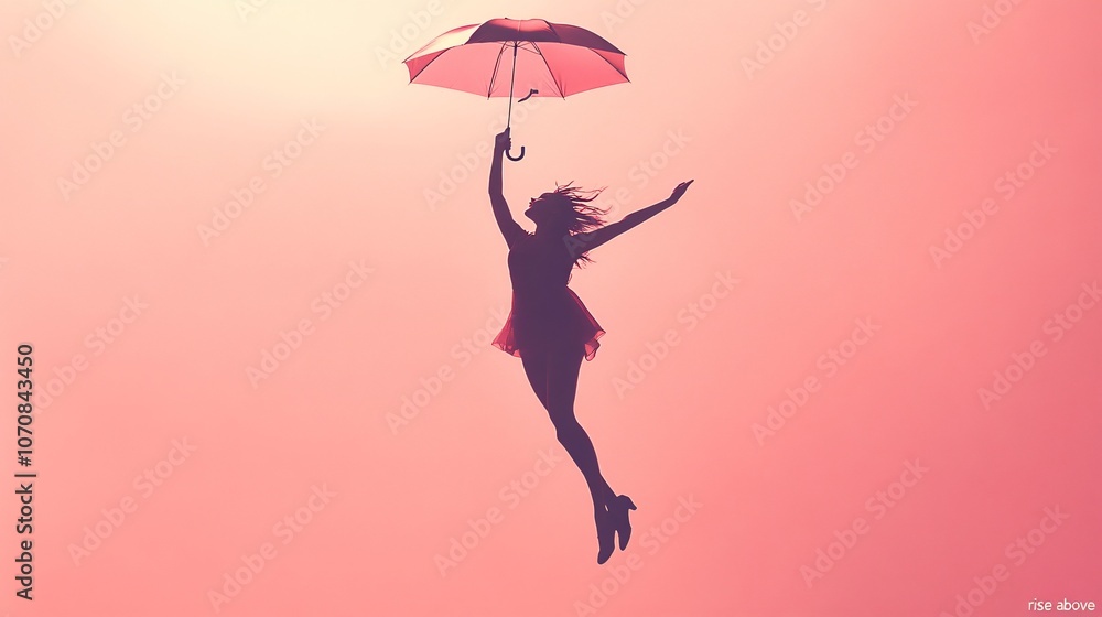 A dancer appears to float joyfully in mid-air, clutching an umbrella, silhouetted against a pastel pink backdrop during sunset, exuding a sense of freedom A dancer appears to float joyfully in mid-air, clutching an umbrella, silhouetted against a pastel pink backdrop during sunset, exuding a sense of freedom