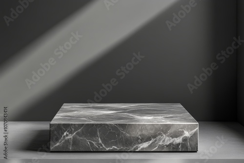 Marble podium. Gray pastel background for cosmetic product. Empty flat showcase display case. Mockup pedestal trendy grey backdrop. Floor platform smooth stage, palm leaf. Natural ad show scene space