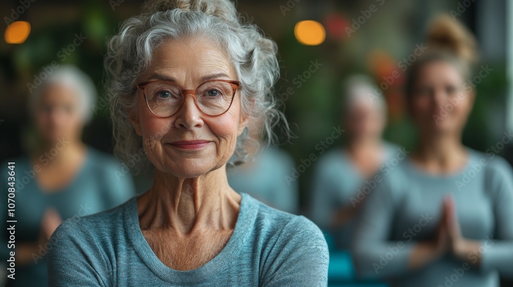 An elderly woman stands confidently at the front of a yoga class, guiding several students in a tranquil indoor studio filled with natural light and greenery. An elderly woman stands confidently at the front of a yoga class, guiding several students in a tranquil indoor studio filled with natural light and greenery.