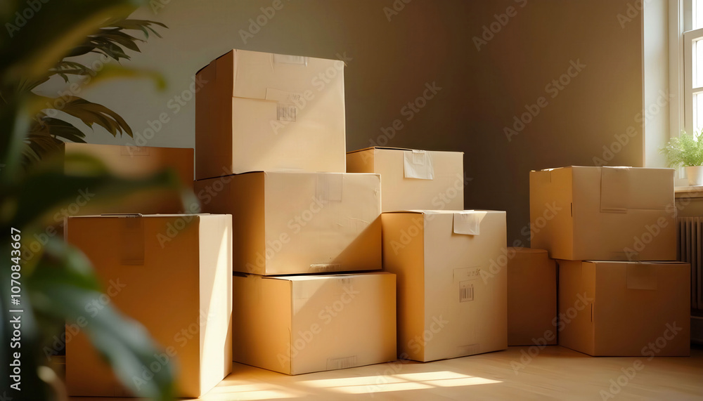 Moving boxes and cartons stacked neatly, ready for relocation, with a focus on the durability and size of the boxes, ideal for a move or storage Moving boxes and cartons stacked neatly, ready for relocation, with a focus on the durability and size of the boxes, ideal for a move or storage