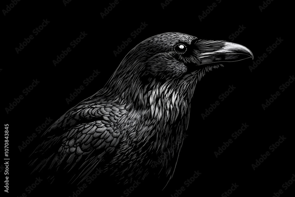 Fototapeta premium A black and white drawing of a crow on a black background