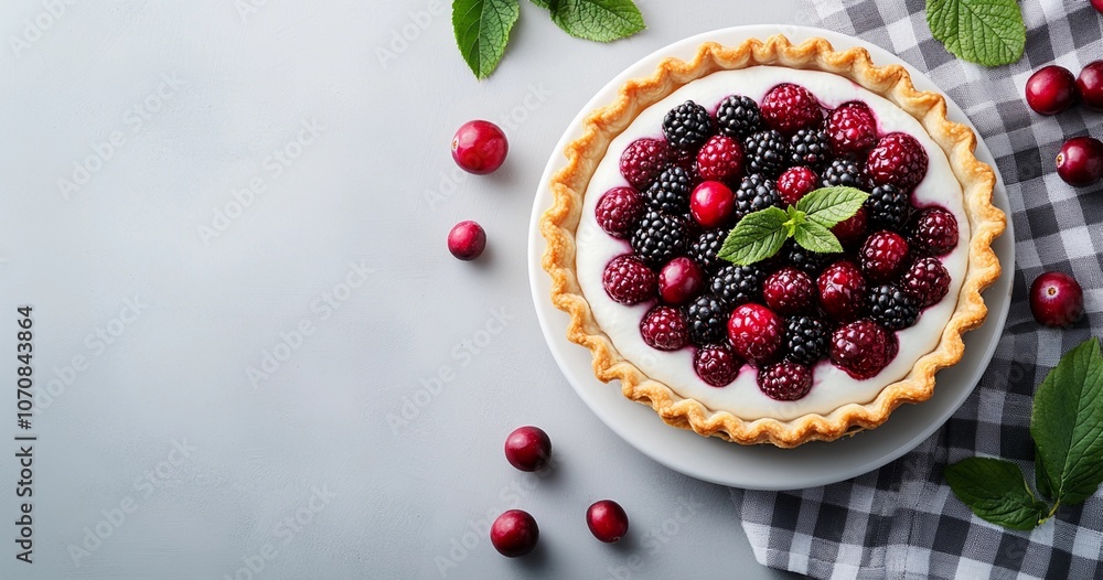 Creamy wildberry pie on gray stone background. American cuisine, homemade pastry and Thanksgiving food concept. Flat lay for poster, banner with copy space