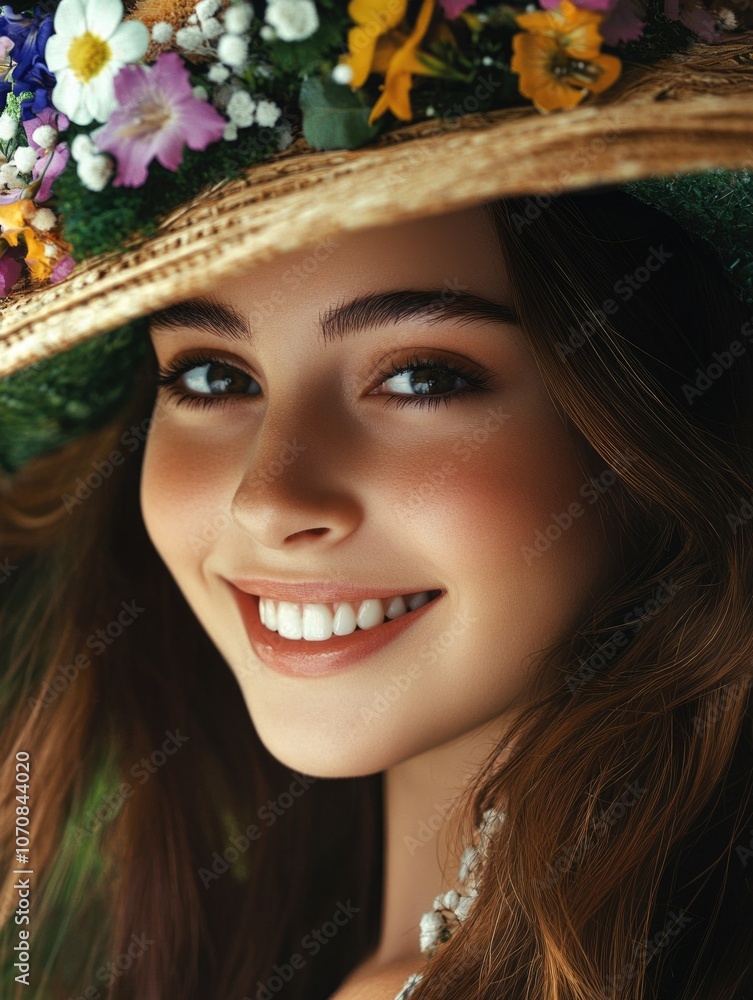 Female Portrait: Smiling Woman with Flowers in Her Hair Female Portrait: Smiling Woman with Flowers in Her Hair