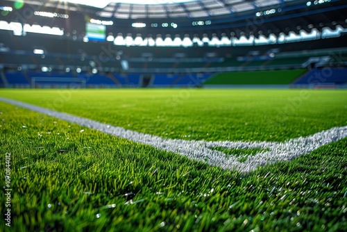 Lush green grass covering the field in a modern soccer stadium