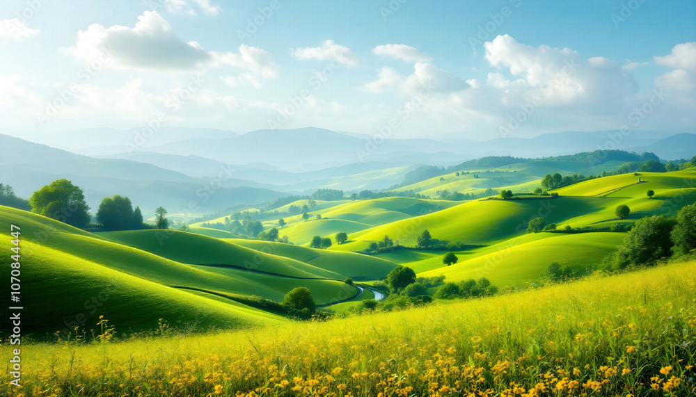 Obraz premium Rolling green hills and valleys, creating a peaceful and serene landscape, with vibrant greenery under a clear sky.
