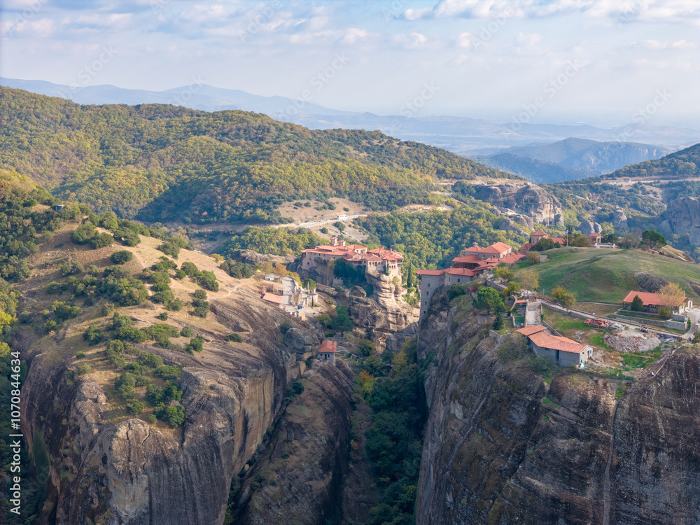 Aerial drone photo of the famous Meteora rocks and abbeys in Greece. Aerial drone photo of the famous Meteora rocks and abbeys in Greece.