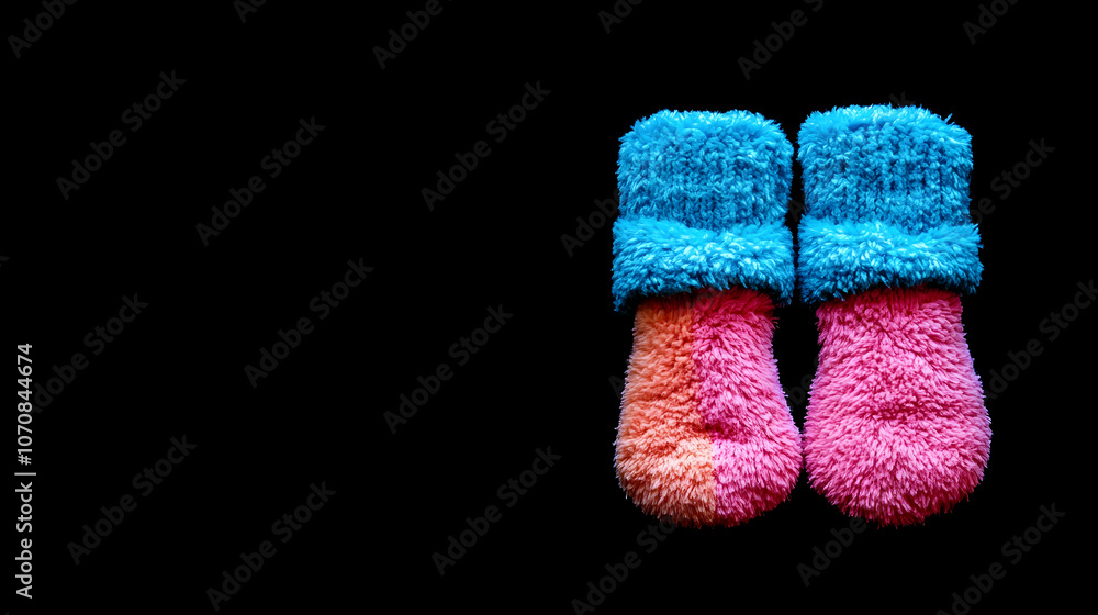 A pair of fuzzy pink and orange baby booties with blue cuffs against a black background. A pair of fuzzy pink and orange baby booties with blue cuffs against a black background.
