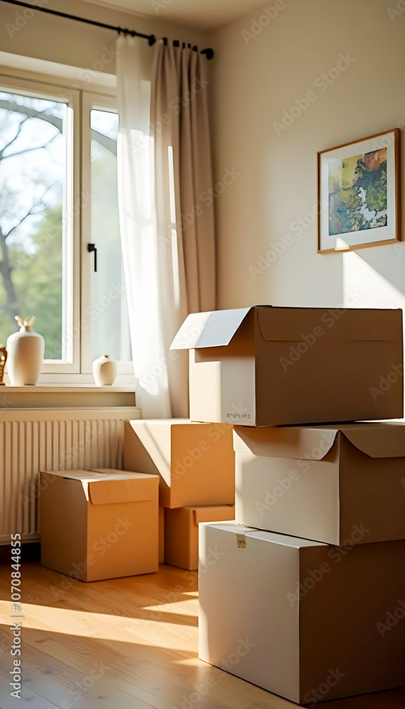Moving boxes stacked and waiting to be unpacked in a new home, symbolizing the anticipation of settling into a new space.
Moving boxes stacked and waiting to be unpacked in a new home, symbolizing the anticipation of settling into a new space.