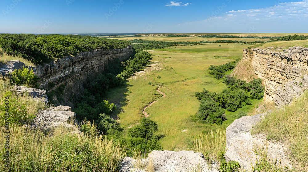A panoramic view of a canyon with a winding path leading into the distance. A panoramic view of a canyon with a winding path leading into the distance.