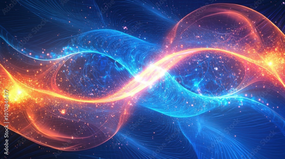 An abstract illustration featuring an infinity symbol composed of swirling orange and blue colors with sparkles against a dark background. An abstract illustration featuring an infinity symbol composed of swirling orange and blue colors with sparkles against a dark background.
