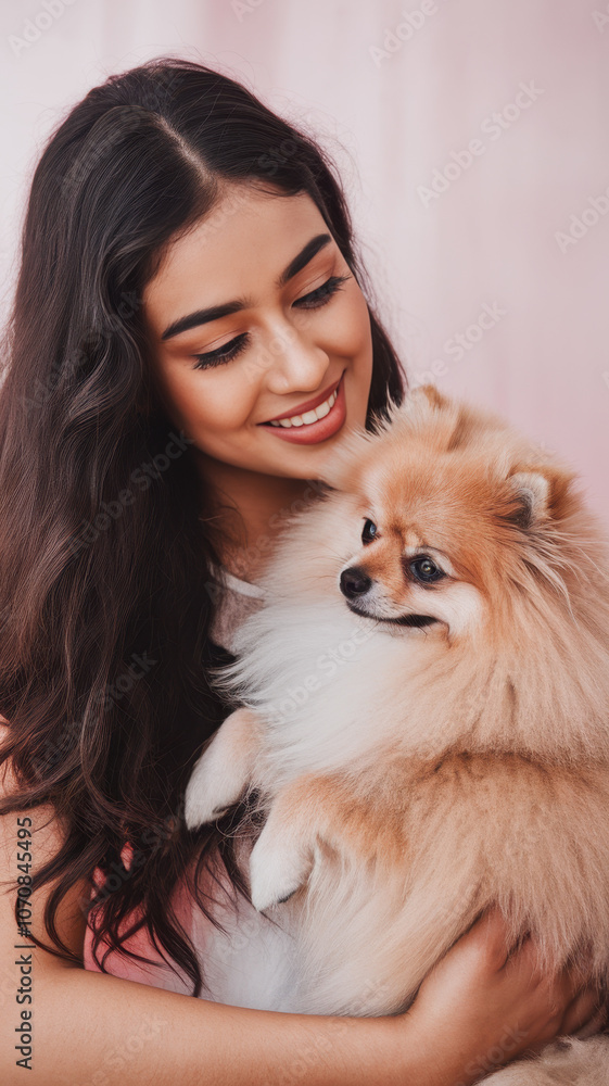 A joyful young woman of South Asian descent smiles as she cuddles her fluffy Pomeranian, radiating warmth and affection in a soft pink setting. A joyful young woman of South Asian descent smiles as she cuddles her fluffy Pomeranian, radiating warmth and affection in a soft pink setting.