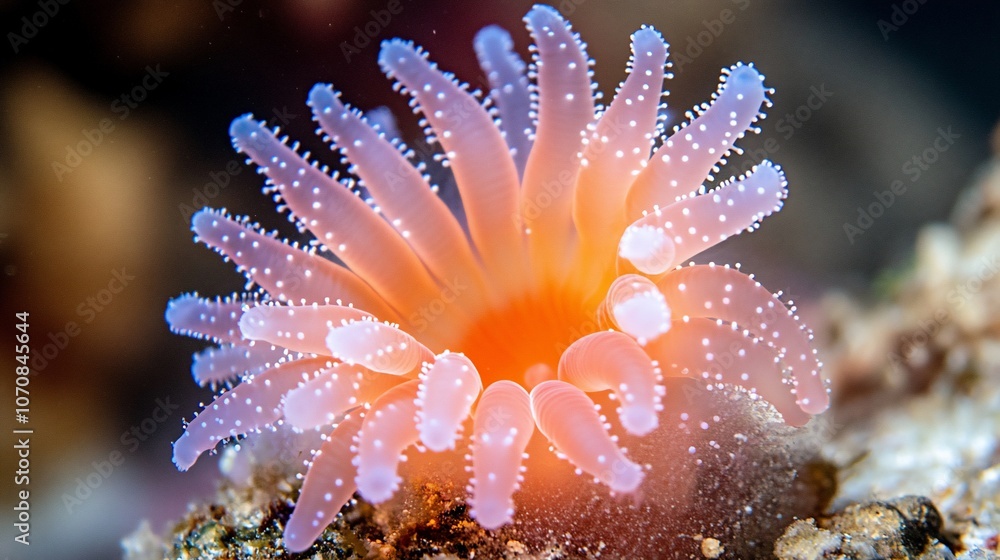 A close-up of a delicate pink sea anemone with white tentacles, its body illuminated by the sun's rays. A close-up of a delicate pink sea anemone with white tentacles, its body illuminated by the sun's rays.