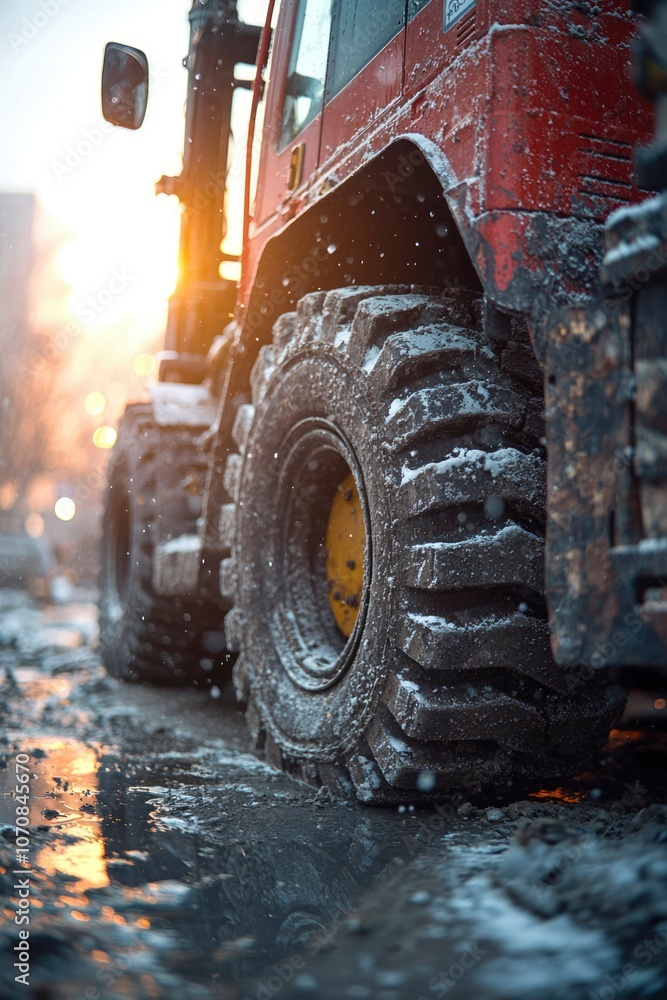 Close-up of a Snow-Covered Tractor Tire in a Puddle Close-up of a Snow-Covered Tractor Tire in a Puddle