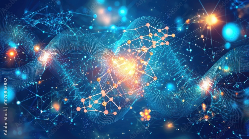 A vibrant digital illustration showcasing a molecular structure against a dynamic, abstract background filled with glowing connections and particles. A vibrant digital illustration showcasing a molecular structure against a dynamic, abstract background filled with glowing connections and particles.