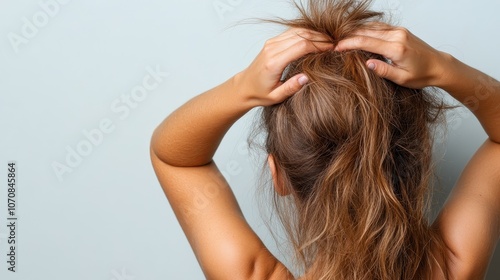 A woman holds up her hair in a casual, messy updo against a neutral background. Her hands are placed on her head in a relaxed, natural pose for hairstyle styling.