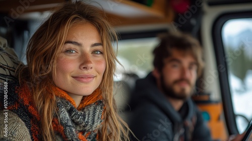 A young woman smiles warmly while sitting in a van, enjoying a winter adventure with a companion. The interior is inviting and rustic, creating a charming atmosphere.