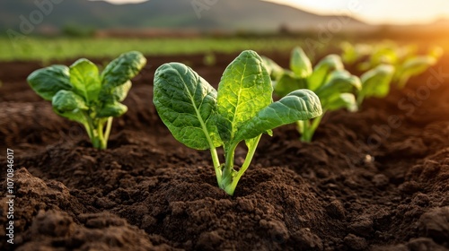 Fresh spinach sprouts emerge from rich, dark soil, basking in the golden sunrise, capturing the essence of growth and new beginnings in nature's embrace. photo