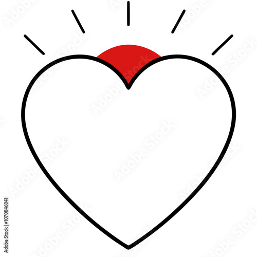 Simple heart outline with sun rays and a red circle in the center on a white background