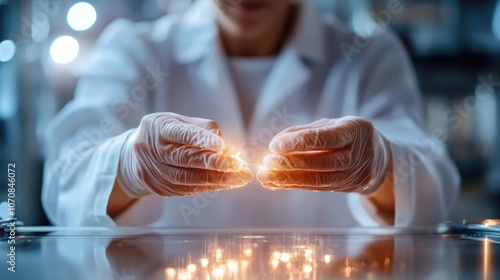 A lab technician skillfully handles small glowing particles with precision and care, illustrating a moment of scientific discovery and innovation in a lab setting. photo