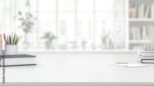 white table with books, stationery and copy space in blurred study room