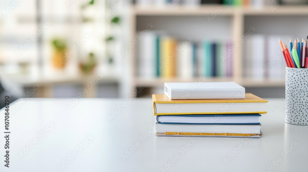 white table with books, stationery and copy space in blurred study room white table with books, stationery and copy space in blurred study room