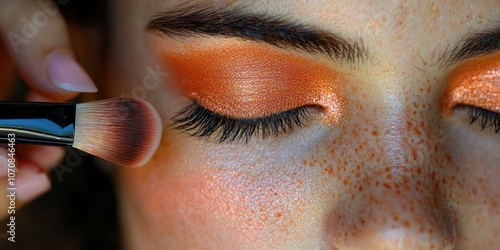 Close-up of a Woman's Eye with Orange Glitter Eyeshadow and Long Eyelashes photo