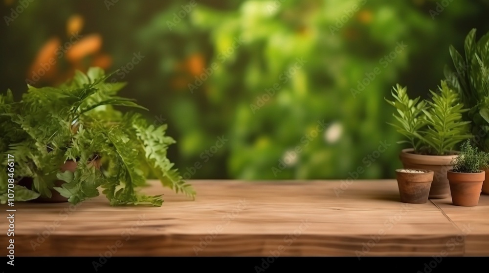 Lush Greenery in Natural Setting with Wooden Table Lush Greenery in Natural Setting with Wooden Table