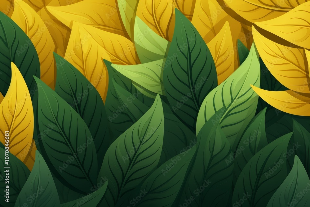 Stylized green and yellow leaves with transparency creating depth against a clean background Stylized green and yellow leaves with transparency creating depth against a clean background