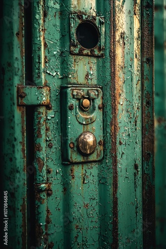 Rusted Green Metal Door with Peeling Paint and a Button