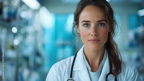 A dedicated female doctor in a hospital setting, wearing a white lab coat and stethoscope, epitomizing professionalism and care in a medical environment.