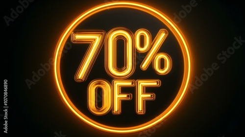 Gold '70% OFF' Neon Sign on an elegant Dark Background