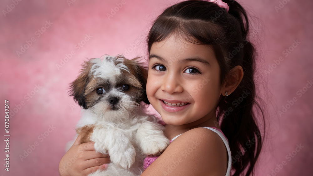 A cheerful young girl of Hispanic descent smiles widely while holding a fluffy puppy against a soft pink background. A cheerful young girl of Hispanic descent smiles widely while holding a fluffy puppy against a soft pink background.