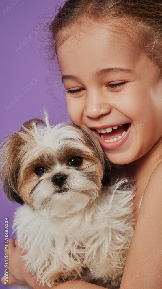 A joyful young girl of mixed ethnicity happily holds her fluffy dog close against a vibrant purple background, radiating warmth and love. A joyful young girl of mixed ethnicity happily holds her fluffy dog close against a vibrant purple background, radiating warmth and love.