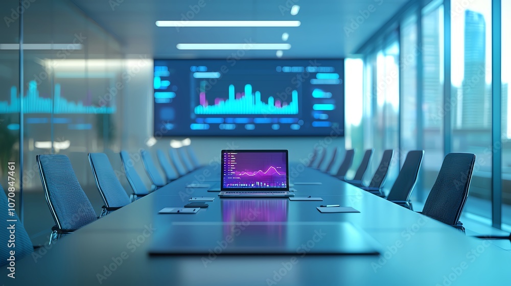 Modern Conference Room with Laptop and Data Analytics Display Modern Conference Room with Laptop and Data Analytics Display