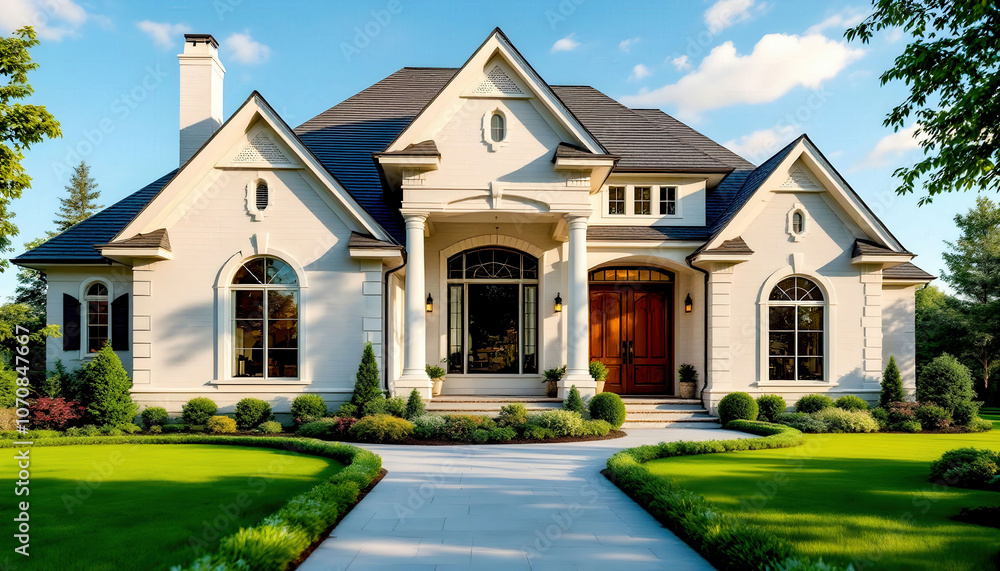 A large classic-style residence with elegant architectural features, showcasing grandeur and timeless beauty. A large classic-style residence with elegant architectural features, showcasing grandeur and timeless beauty.