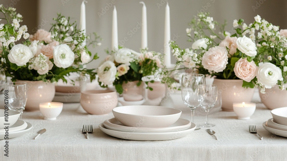 Elegant table setting with pink and white flowers, candles, and light pink plates on a white tablecloth. Elegant table setting with pink and white flowers, candles, and light pink plates on a white tablecloth.