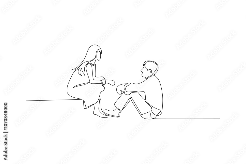 A minimalist line drawing of a man and woman sitting and engaging in conversation. A minimalist line drawing of a man and woman sitting and engaging in conversation.