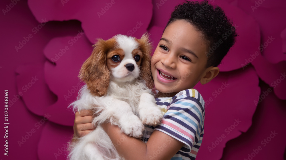 A joyful Black boy, around 5 years old, beams with happiness while holding a cute Cavalier King Charles Spaniel puppy against a vibrant pink background. A joyful Black boy, around 5 years old, beams with happiness while holding a cute Cavalier King Charles Spaniel puppy against a vibrant pink background.